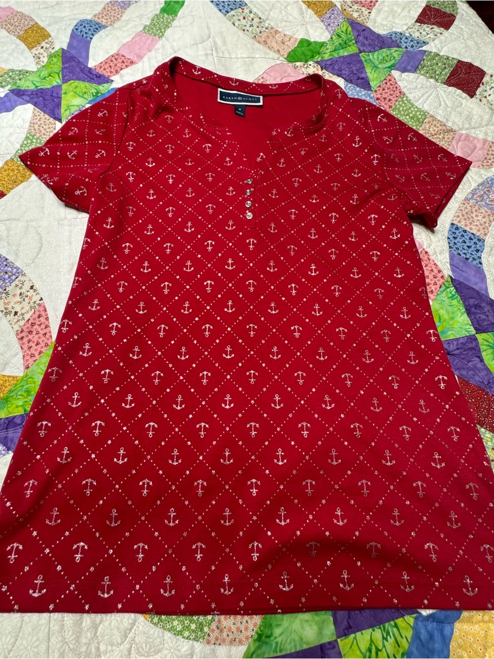 croft & barrow Red Short Sleeve Anchor-Print Knit Top